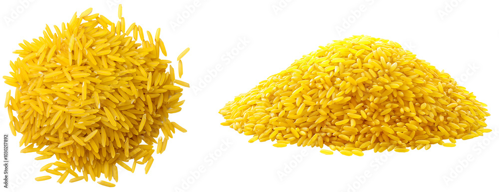 Piles of uncooked yellow rice grains isolated on transparent background, raw food ingredient for cooking, side view and top view Piles of uncooked yellow rice grains isolated on transparent background, raw food ingredient for cooking, side view and top view