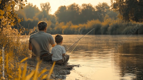 A father and son fish at sunset.