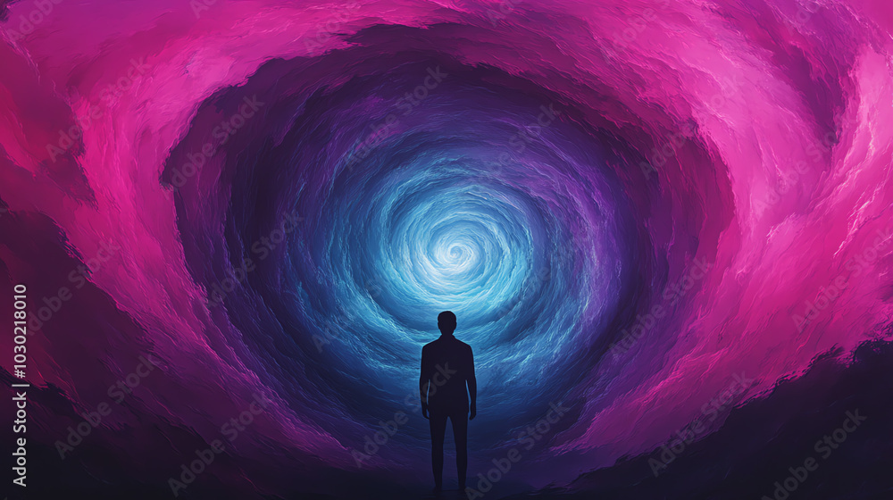 A silhouette of a person standing at the edge of a colorful swirling vortex, representing the journey through introspection and imagination, surrounded by vibrant hues. A silhouette of a person standing at the edge of a colorful swirling vortex, representing the journey through introspection and imagination, surrounded by vibrant hues.
