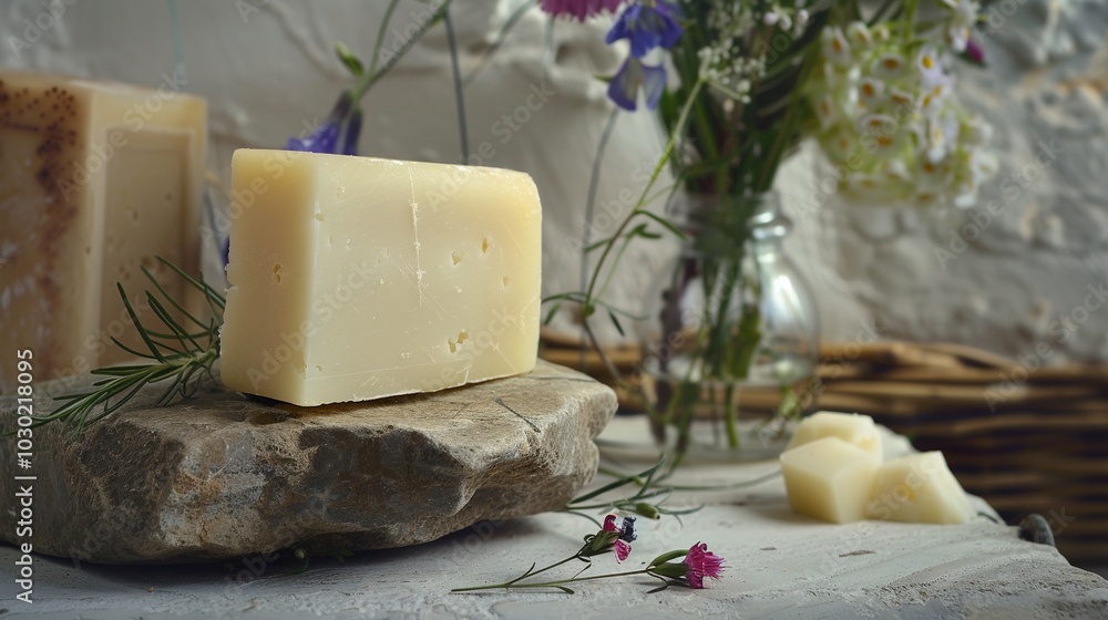 Cheese Resting on a Rock Beside a Flower Vase Cheese Resting on a Rock Beside a Flower Vase