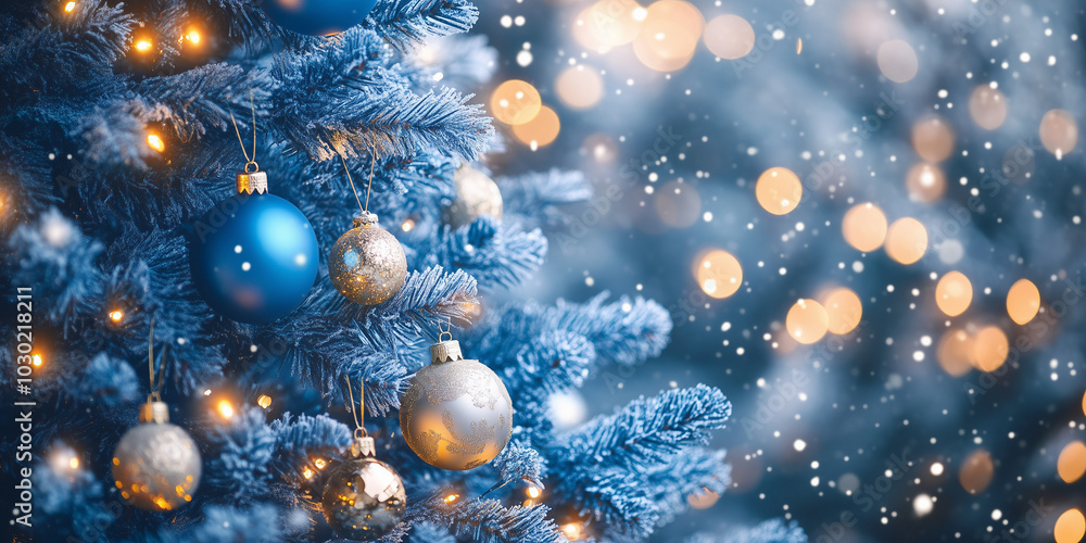 This image features a stunning blue Christmas tree adorned with elegant ornaments, surrounded by a dusting of snowflakes, showcasing a serene holiday atmosphere This image features a stunning blue Christmas tree adorned with elegant ornaments, surrounded by a dusting of snowflakes, showcasing a serene holiday atmosphere