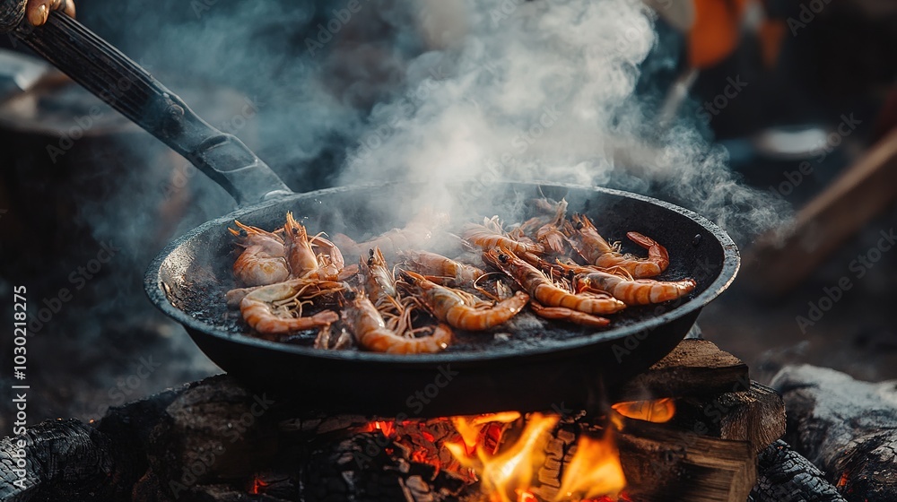 Shrimp and crab are cooked in a frying pan, the fire is burning, smoke is rising Shrimp and crab are cooked in a frying pan, the fire is burning, smoke is rising