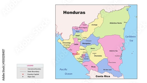 Nicaragua Map. State and union territories of Nicaragua with neighbouring countries. Political map of Nicaragua with capital and important cities in Detailed.