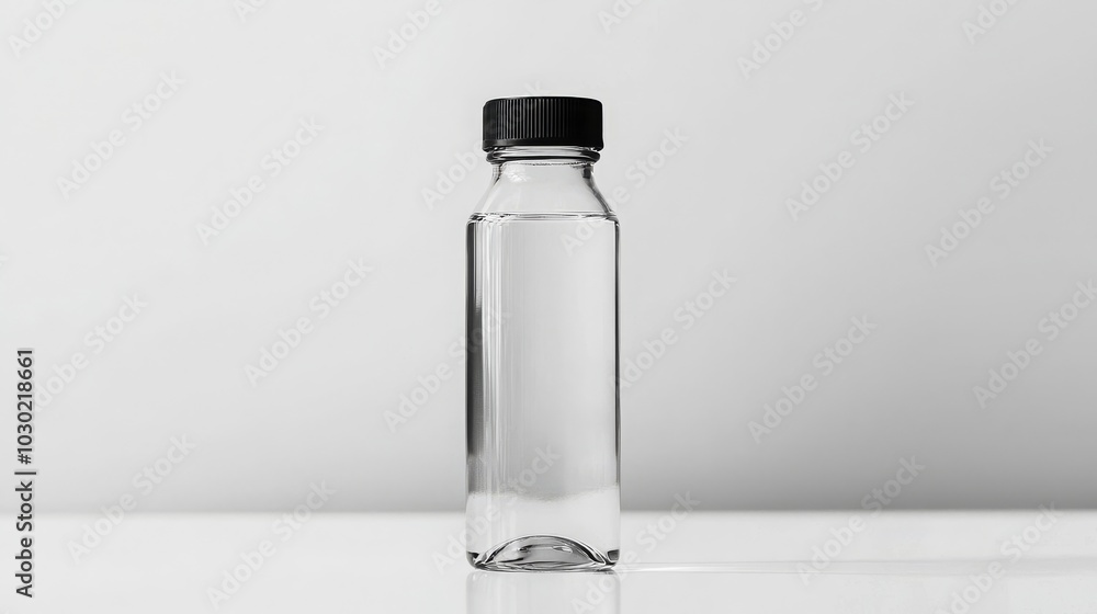 A sleek, transparent water bottle with a black cap, standing upright on a minimalistic surface against a light background. A sleek, transparent water bottle with a black cap, standing upright on a minimalistic surface against a light background.