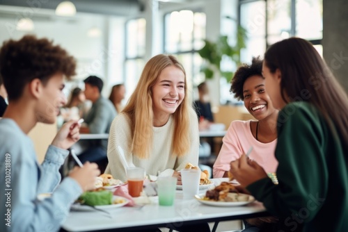 School cafeteria laughing coffee.