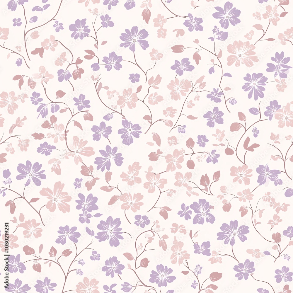 A delicate floral pattern featuring soft purple and pink flowers on a light background, perfect for fabric or wallpaper design. A delicate floral pattern featuring soft purple and pink flowers on a light background, perfect for fabric or wallpaper design.