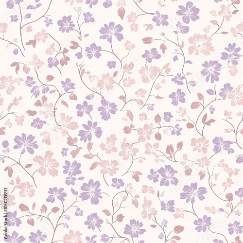 A delicate floral pattern featuring soft purple and pink flowers on a light background, perfect for fabric or wallpaper design.