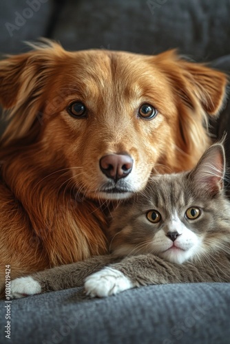 Young girl with long hair cuddling her golden dog in a cozy indoor setting du...