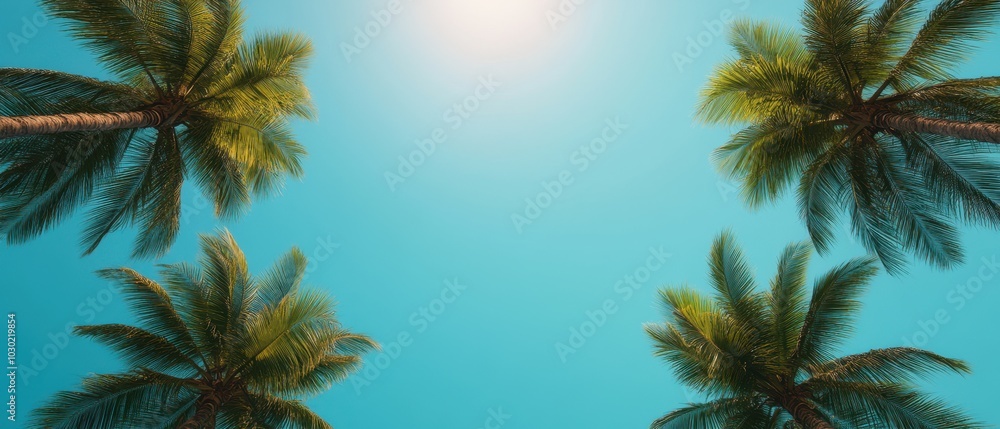 Obraz premium A View Upward Through Palm Trees, Sunny Sky, Tropical Vacation