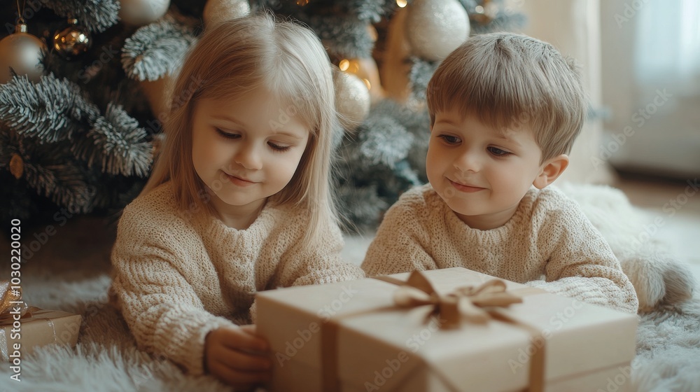 Two happy kids eagerly getting ready to open Christmas gifts in a cozy, festive room Two happy kids eagerly getting ready to open Christmas gifts in a cozy, festive room