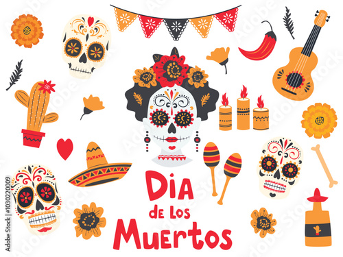 Dia de muertos, day of dead illustration with womens and mens skull, candle, and maracas