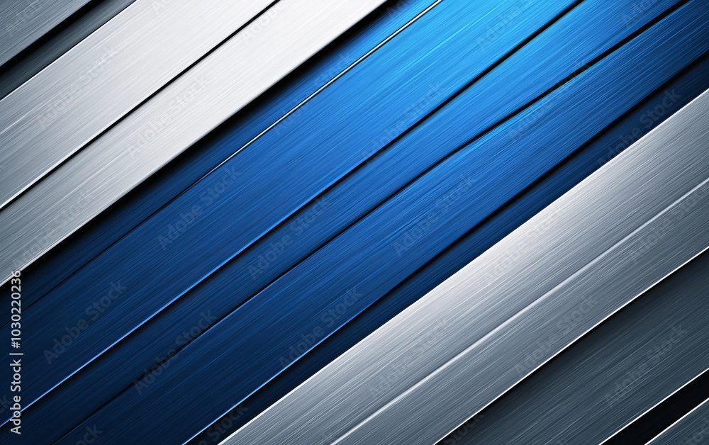 A textured abstract background featuring diagonal metallic stripes in shades of blue and silver.