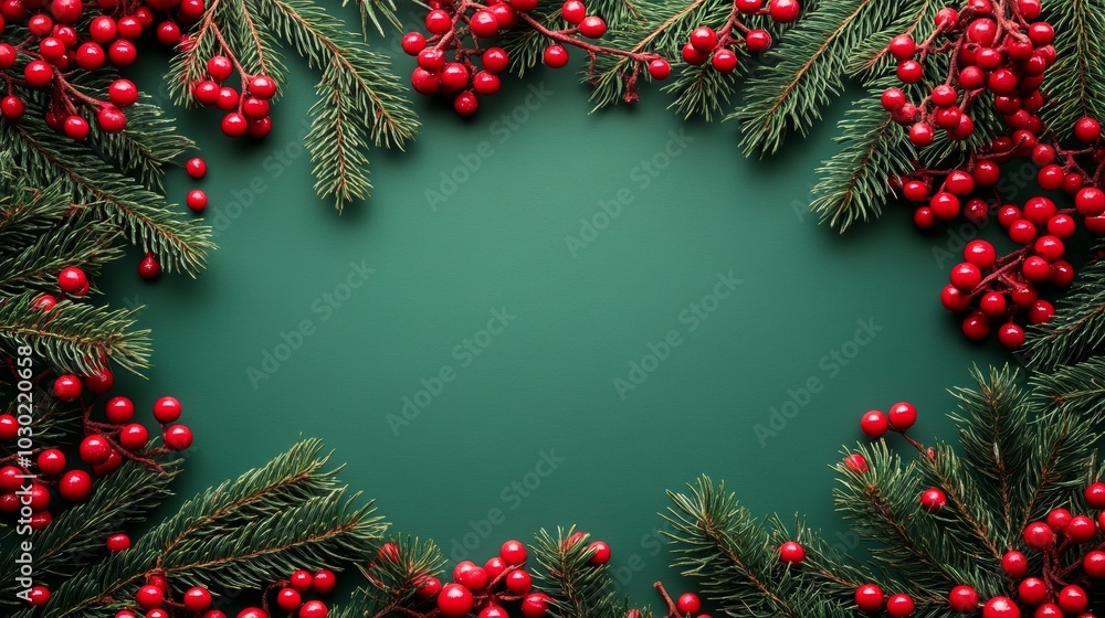 A festive arrangement of evergreen branches and red berries on a green background, perfect for holiday decor. A festive arrangement of evergreen branches and red berries on a green background, perfect for holiday decor.