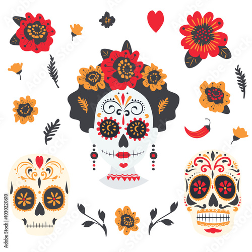 Mexican sugar skull. Day of the Dead Skull. Dia de los Muertos. Design element for logo, emblem, sign, poster, card, banner.