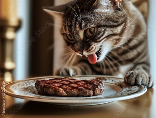 A cat with an intense expression is staring at a well-cooked steak placed on an ornate plate, creating a humorous moment in a home setting. photo