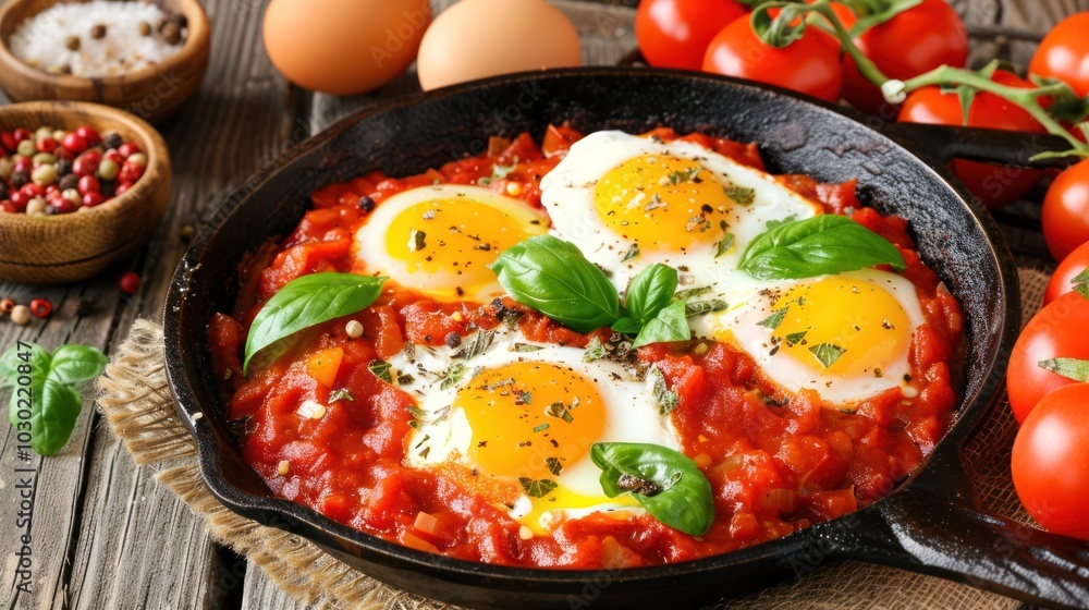 Fried Eggs in Tomato Sauce with Basil and Spices Fried Eggs in Tomato Sauce with Basil and Spices