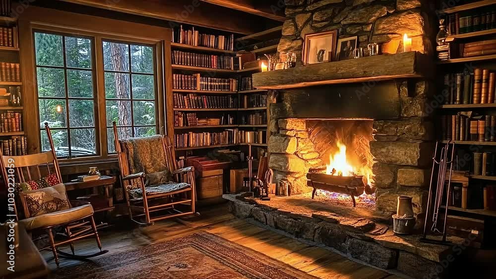 A cozy cabin interior with a roaring fireplace, rocking chairs, and bookshelves filled with books. A cozy cabin interior with a roaring fireplace, rocking chairs, and bookshelves filled with books.