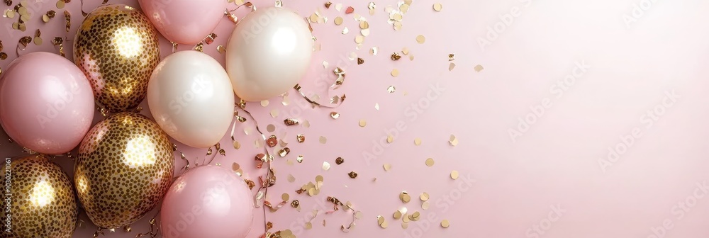 Pink And White Balloons With Golden Confetti On Pink Background. Festive Party Decoration Pink And White Balloons With Golden Confetti On Pink Background. Festive Party Decoration