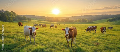 Herd of cows grazing in a lush green field at sunset.