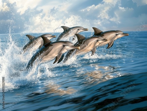 Dolphins gracefully leaping through shimmering ocean waves at a sunny day. Generative AI