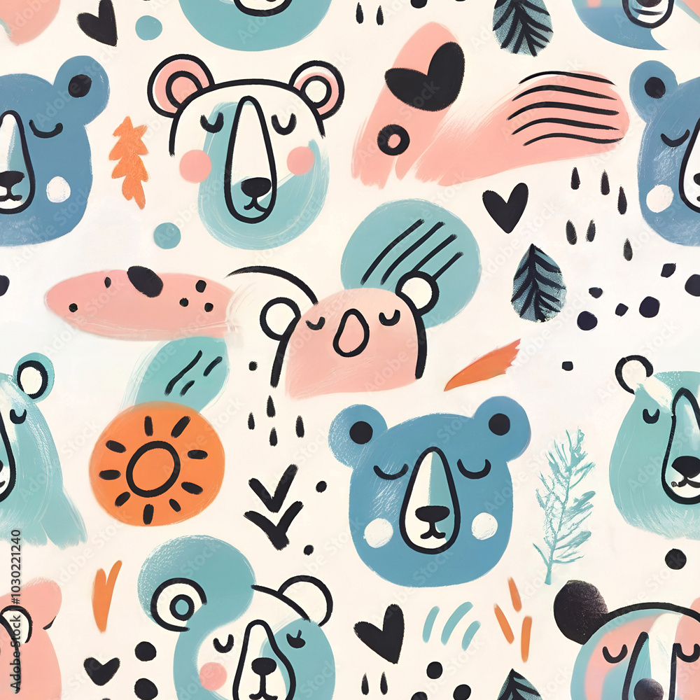 Obraz premium colorful cartoon animal pattern with playful bear and bird
