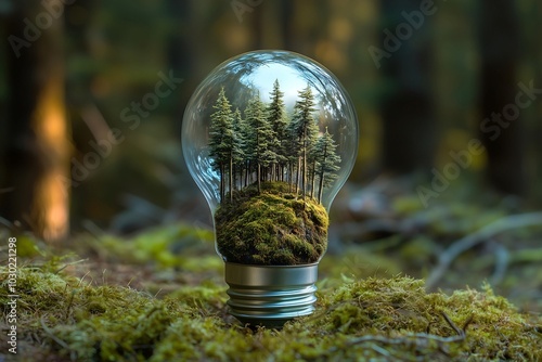 miniature forest in light bulb on green wild background photo