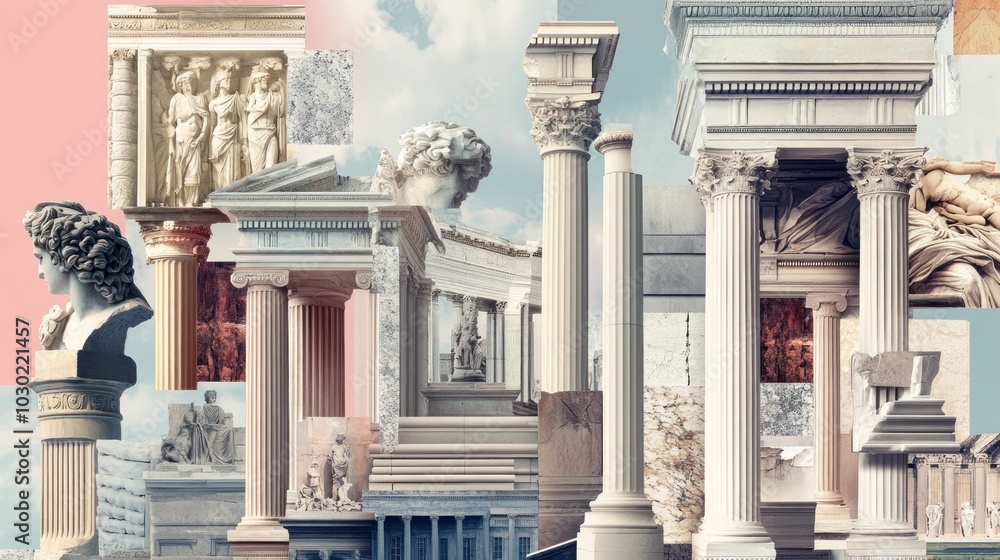 Obraz premium A collage of ancient Greek and Roman architectural details, featuring columns, statues, and friezes.