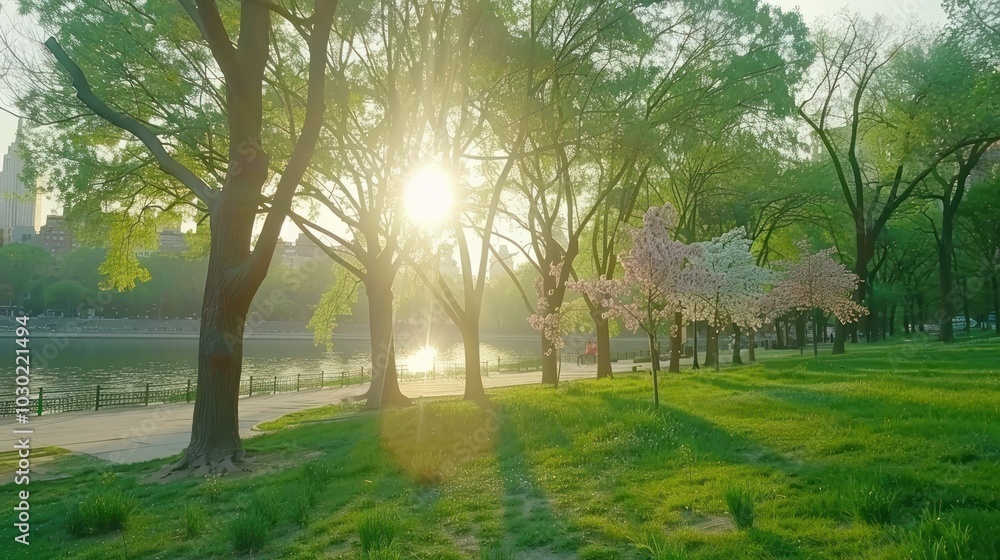 Obraz premium Sunlit Park with Trees and a River