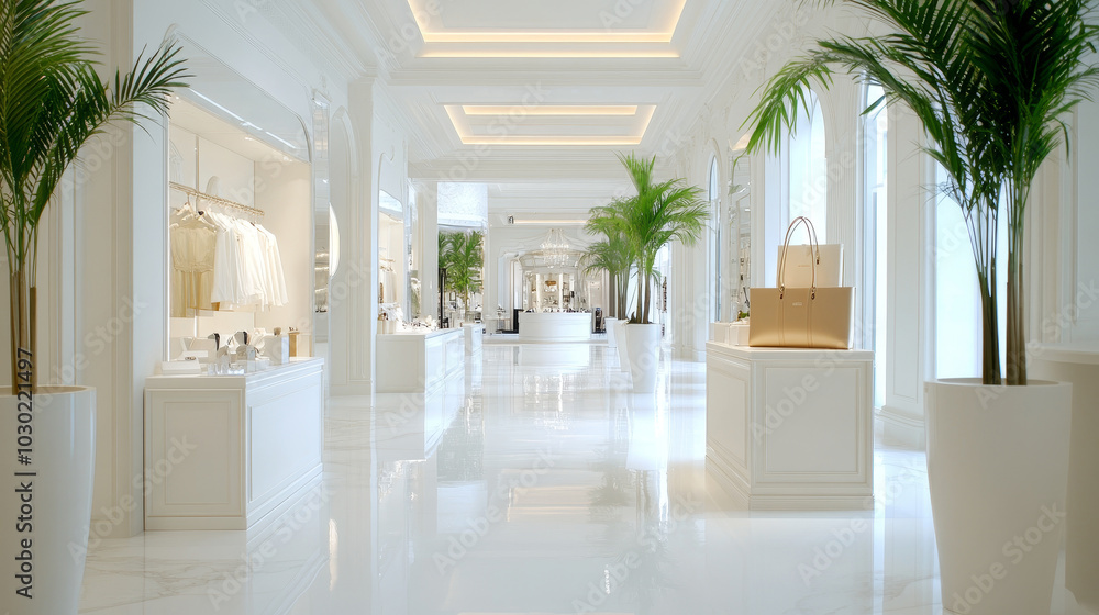 Fototapeta premium White Interior with Palm Trees and Gold Bag