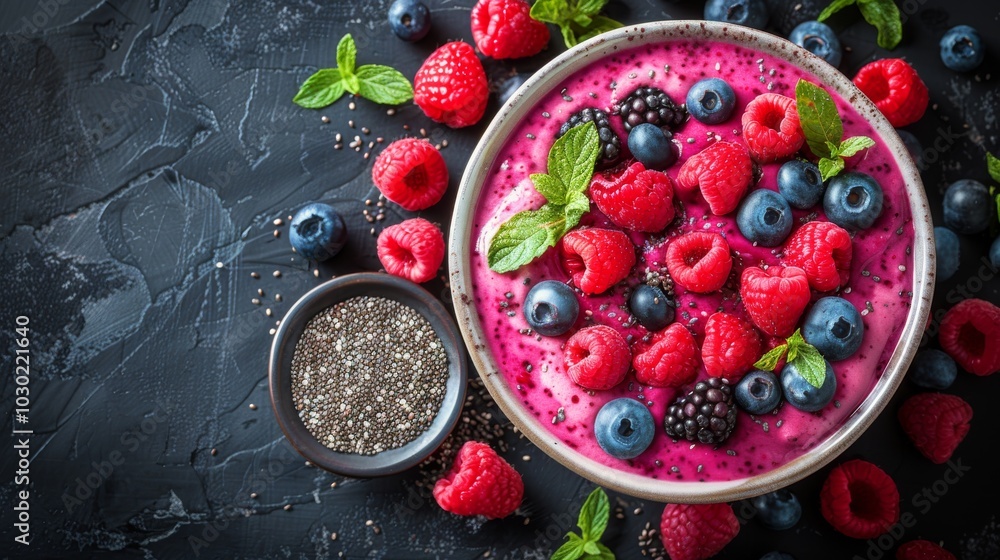 Colorful berry smoothie bowl topped with fresh fruits and mint leaves on a dark background Colorful berry smoothie bowl topped with fresh fruits and mint leaves on a dark background