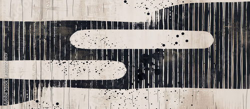 A black and white painting with white lines and splatters of paint