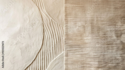 Beige wall with a pattern of lines and curves, white and brown colors, beige tone, minimalist abstract background