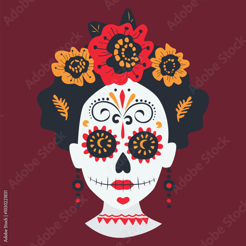 Mexican sugar skull. Woman skull with make up of Catarina with flowers crown. Day of the Dead.. Dia de los Muertos. Design element for logo, emblem, sign, poster, card, banner.