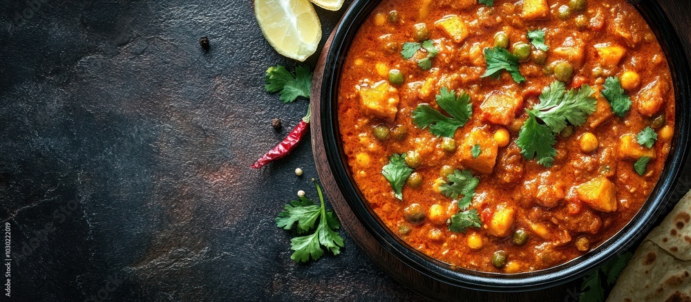 Close-up of a bowl of Indian curry with chickpeas, potatoes, and peas, garnished with cilantro. Close-up of a bowl of Indian curry with chickpeas, potatoes, and peas, garnished with cilantro.