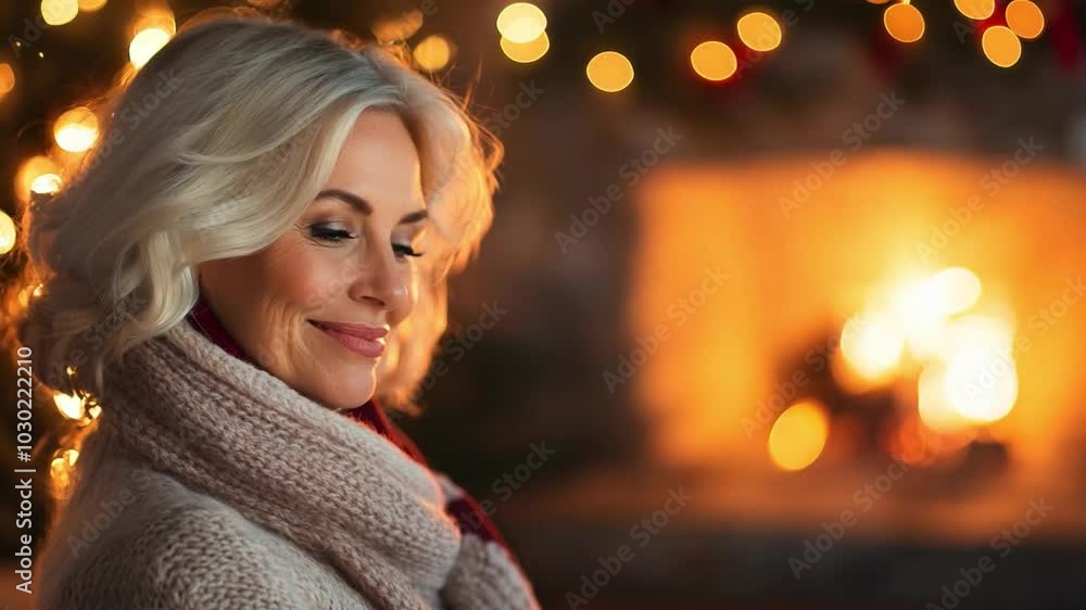 A cozy Christmas portrait of a mature woman enjoying the warmth of a fireplace decorated with festive lights and spirit A cozy Christmas portrait of a mature woman enjoying the warmth of a fireplace decorated with festive lights and spirit