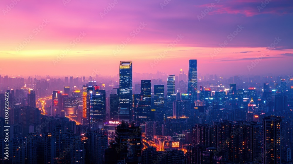 Fototapeta premium A city skyline at dusk with glowing lights.