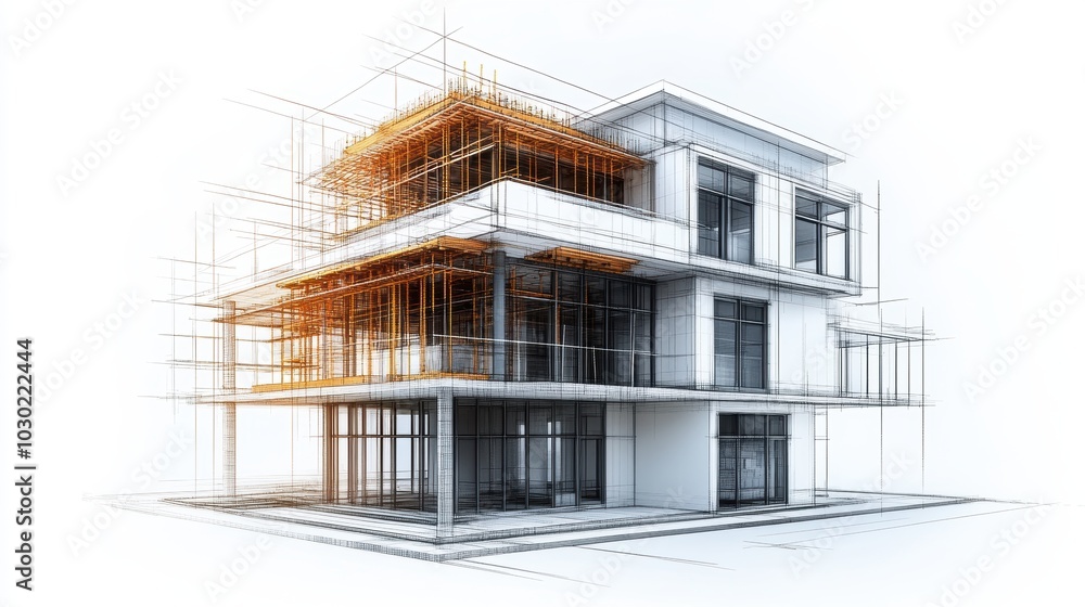 Abstract Architectural Vision: 3D Sketch of a Construction Project on White Background Abstract Architectural Vision: 3D Sketch of a Construction Project on White Background