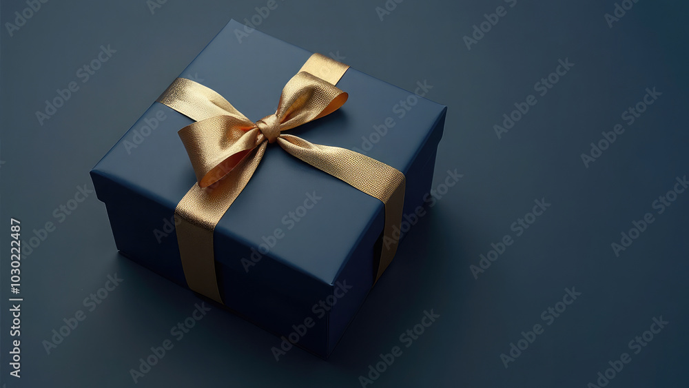Luxurious dark blue gift box adorned with a shimmering gold ribbon, set against a deep black background Luxurious dark blue gift box adorned with a shimmering gold ribbon, set against a deep black background