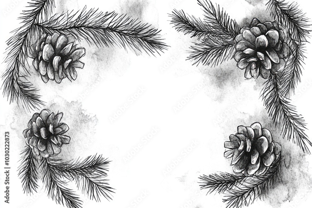 Naklejka premium New Year Celebration: Hand-drawn Watercolor Christmas Elements in Monochrome Frame