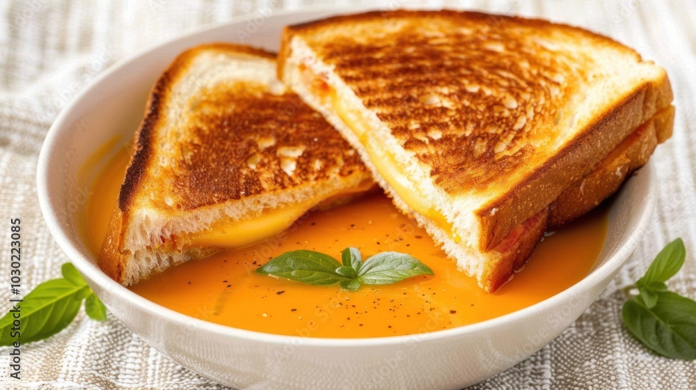 Grilled Cheese Sandwich with Tomato Soup and Basil Garnish Grilled Cheese Sandwich with Tomato Soup and Basil Garnish