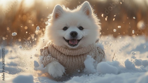 Samoyed dog joyfully playing in snow.