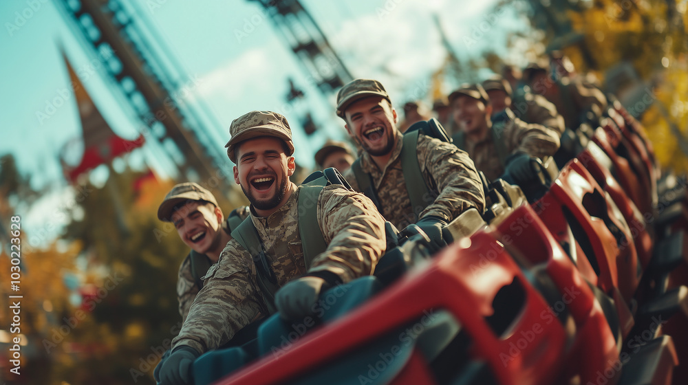 Naklejka premium Joyful Soldiers on a Roller Coaster Ride at an Amusement Park Enjoying a Thrilling Day of Laughter and Camaraderie