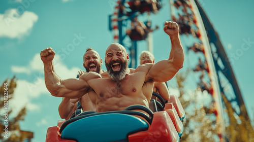 Bodybuilders Unleash Their Adventurous Spirit on a Roller Coaster in an Amusement Park, Celebrating Fun and Friendship With Laughter photo