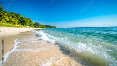 Ein tropischer Strand mit Palmen und blauem Himmel  photo