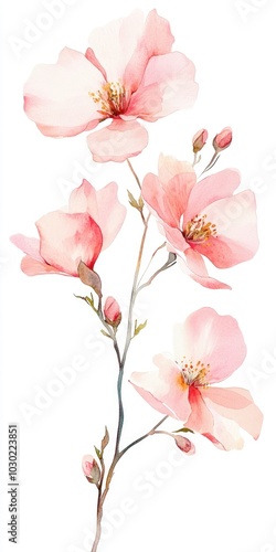 Spring Blossom Bouquet. Watercolor Number 'Six' with Pink Flowers for Bridal Invitations and Calendars