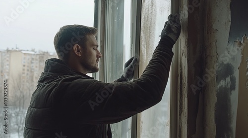 Man Repairing Window in Building photo