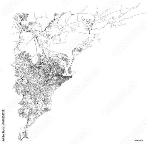 Newcastle city map with roads and streets, Australia. Vector outline illustration.