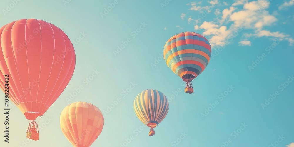 Obraz premium Four hot air balloons in a blue sky.