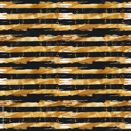 Elegant black and gold patterned design featuring abstract brush strokes and polka dots photo