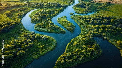 A river with a green bank. The water is clear and calm. There are trees on both sides of the river